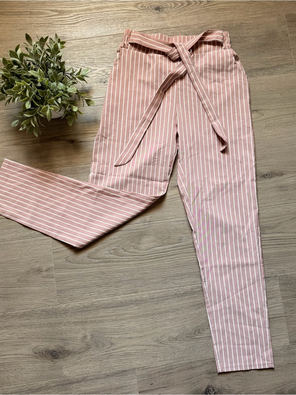 Striped Waist Pink Pants with Tie
